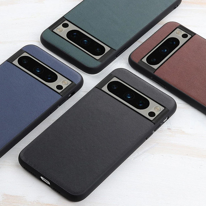 Phone Case for Google Pixel 8 Pro Textured Genuine Cowhide Leather Coated TPU Phone Cover - Black - 4