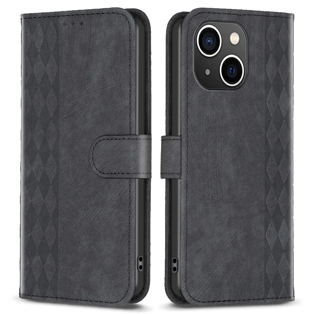 PU Leather Cover for iPhone 13 / 14 6.1 inch Imprinted Pattern Wallet Adjustable Stand Flip Phone Case - Black - 1