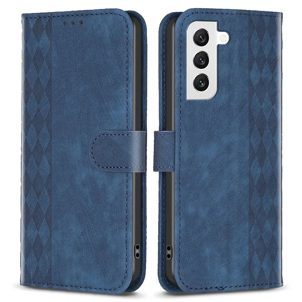 For Samsung Galaxy S22 5G Leather Cover, Wallet Stand Scratch Proof Imprinted Pattern Flip Phone Case - Blue - 1