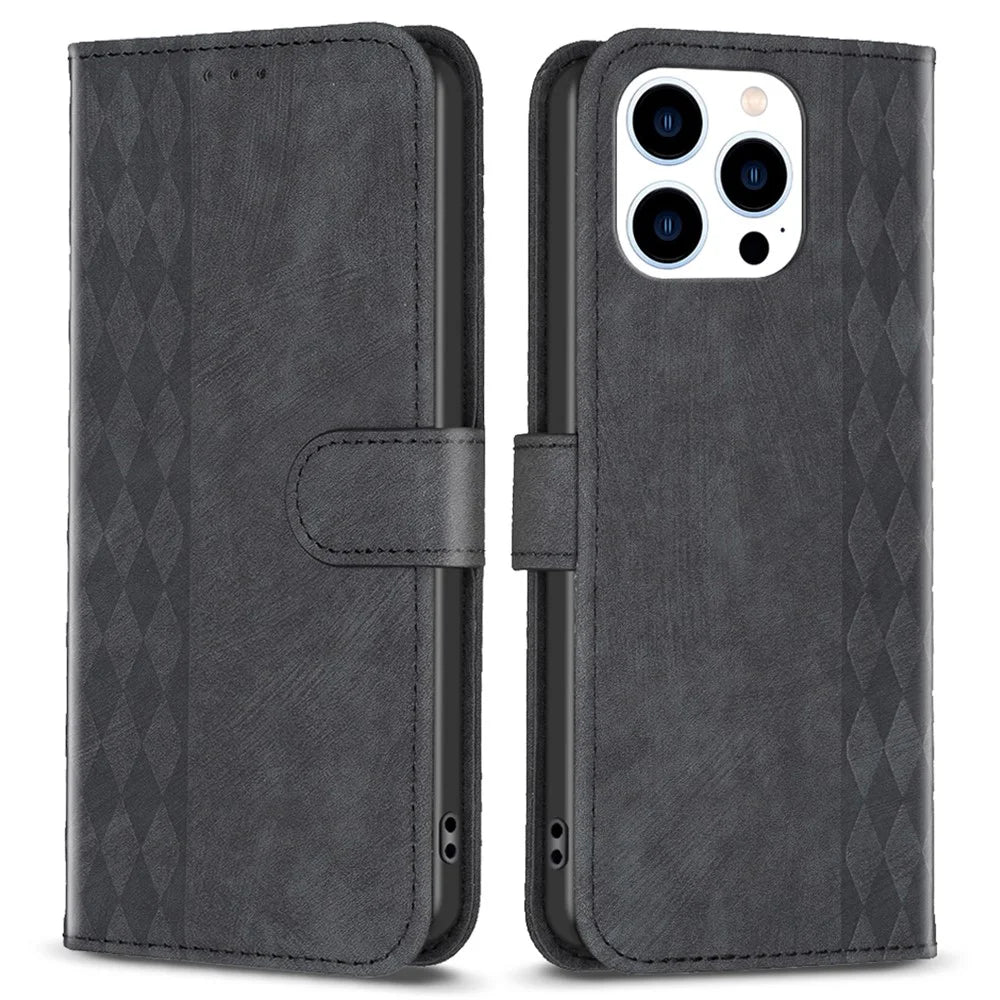 Phone Case for iPhone 13 Pro Max 6.7 inch Magnetic Closure Wallet Imprinting Pattern Stand Cover - Black - 1