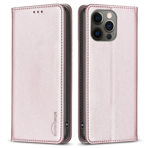 BINFEN COLOR BF18 For iPhone 12 Pro Max Anti-Dust Cell Phone Case PU Leather Card Slot Stand Phone Cover - Rose Gold - 1
