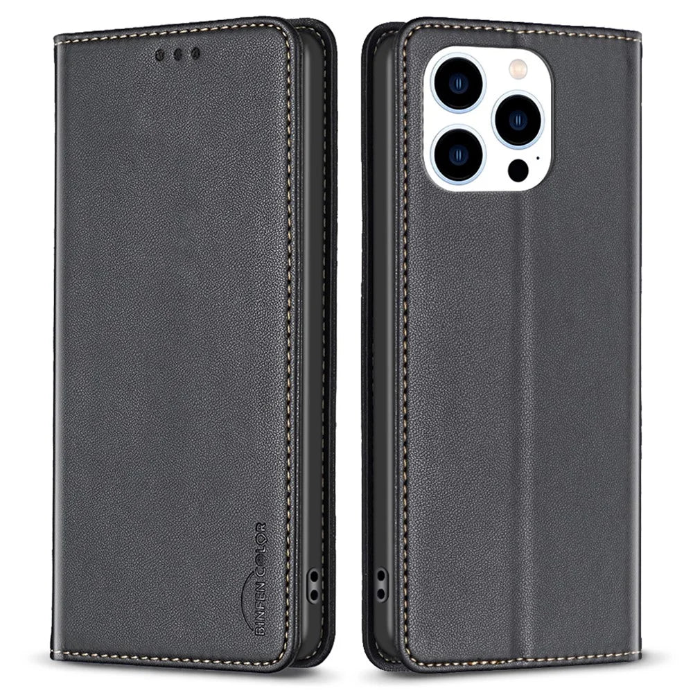 BINFEN COLOR BF18 For iPhone 13 Pro Max Cell Phone Case PU Leather Card Slot Stand Phone Cover - Black - 1