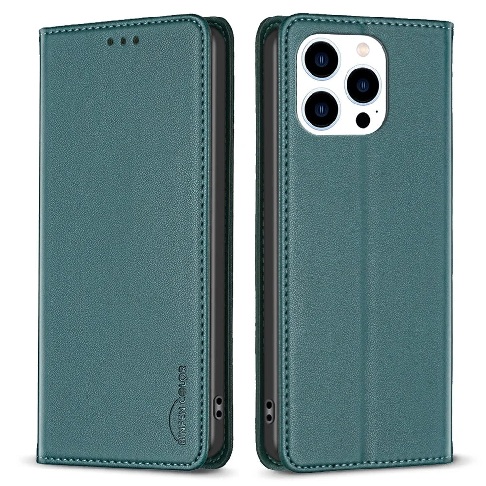 BINFEN COLOR BF18 For iPhone 13 Pro 6.1 inch PU Leather Phone Case Card Slots Folding Stand Cover - Green - 1