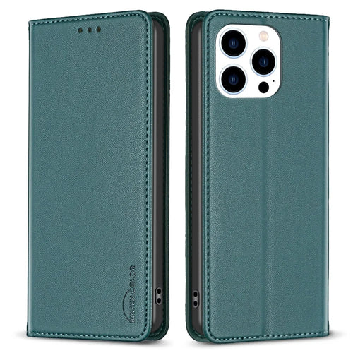BINFEN COLOR BF18 For iPhone 13 Pro 6.1 inch PU Leather Phone Case Card Slots Folding Stand Cover - Green - 1
