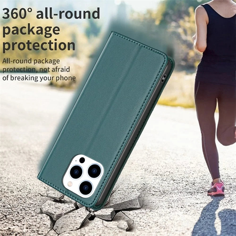 BINFEN COLOR BF18 For iPhone 13 Pro 6.1 inch PU Leather Phone Case Card Slots Folding Stand Cover - Green - 6