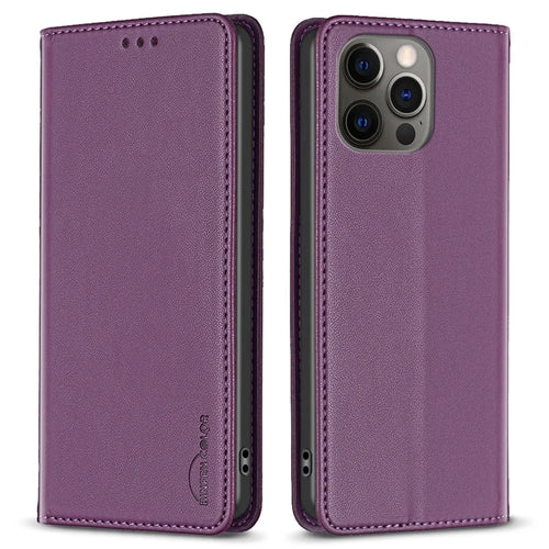 BINFEN COLOR BF18 For iPhone 12 / 12 Pro 6.1 inch PU Leather Phone Case Card Slot Stand Flip Cover - Dark Purple - 1