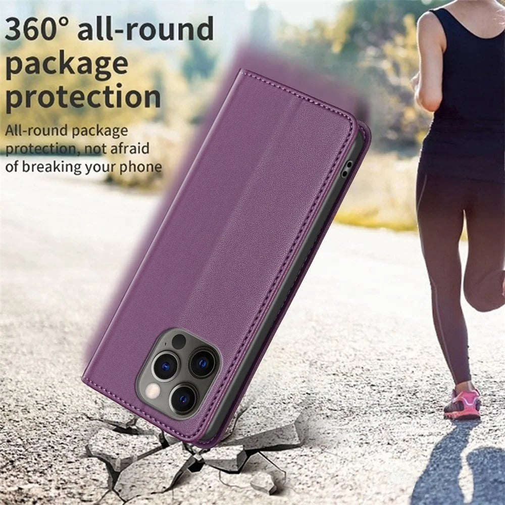 BINFEN COLOR BF18 For iPhone 12 / 12 Pro 6.1 inch PU Leather Phone Case Card Slot Stand Flip Cover - Dark Purple - 6