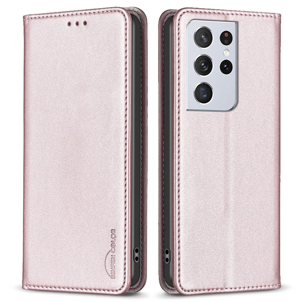 BINFEN COLOR BF18 Leather Phone Case for Samsung Galaxy S21 Ultra 5G Phone Cover with Stand Card Holder - Rose Gold - 1
