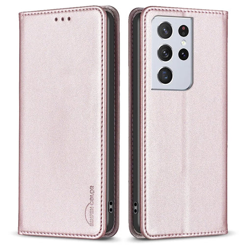 BINFEN COLOR BF18 Leather Phone Case for Samsung Galaxy S21 Ultra 5G Phone Cover with Stand Card Holder - Rose Gold - 1