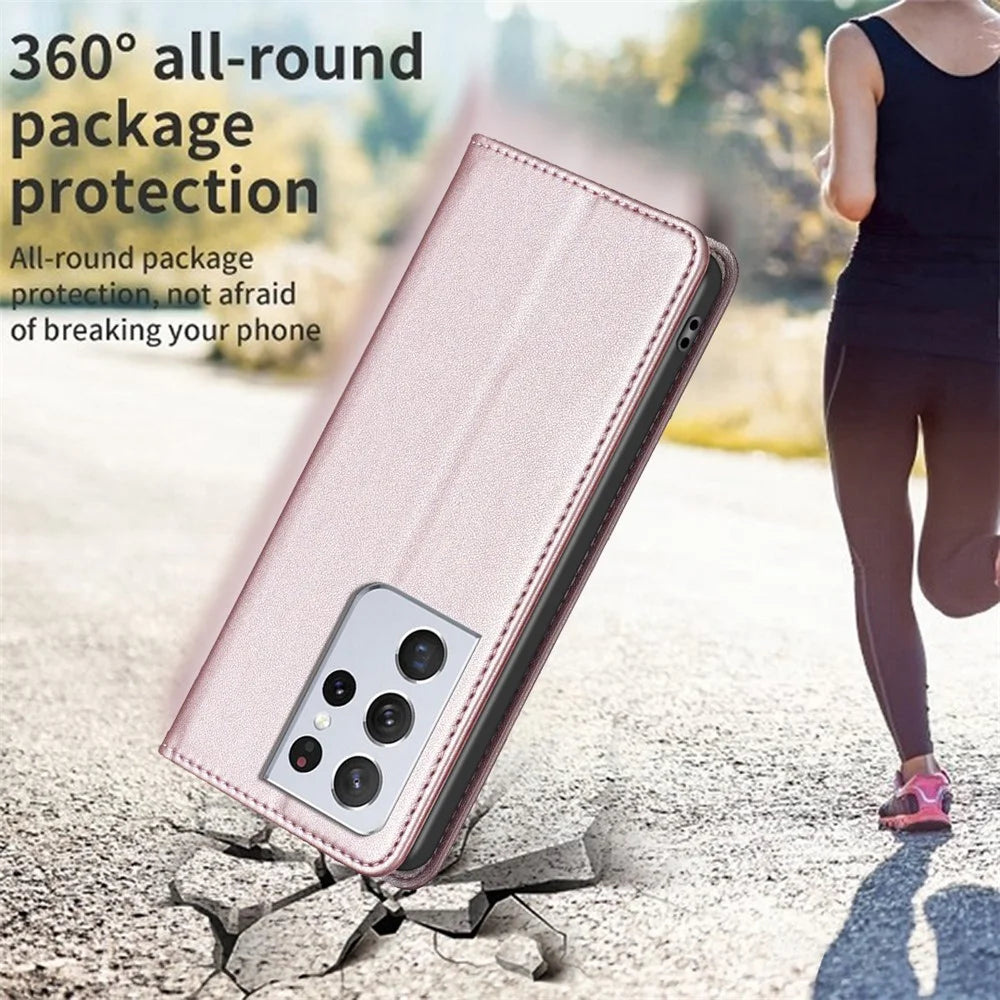 BINFEN COLOR BF18 Leather Phone Case for Samsung Galaxy S21 Ultra 5G Phone Cover with Stand Card Holder - Rose Gold - 6