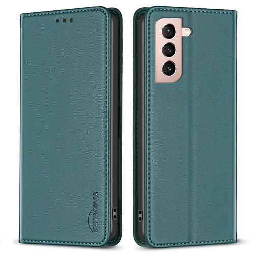 BINFEN COLOR BF18 for Samsung Galaxy S21 4G / 5G PU Leather Stand Phone Case Card Slots Phone Cover - Green - 1