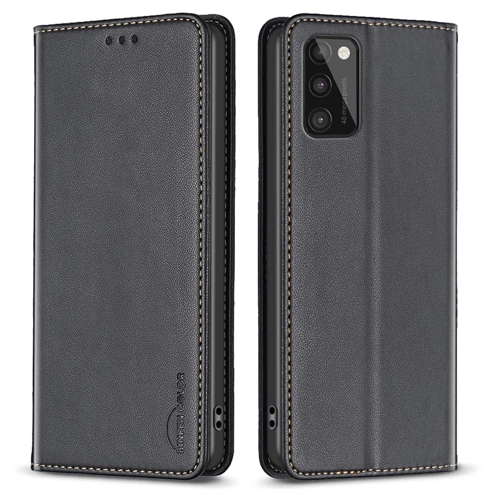 BINFEN COLOR BF18 Phone Leather Case for Samsung Galaxy A41 (Global Version) Card Holder Stand Cover - Black - 1