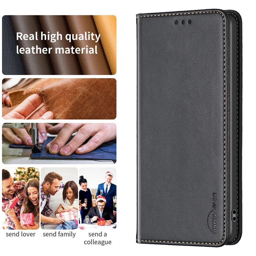 BINFEN COLOR BF18 Phone Leather Case for Samsung Galaxy A41 (Global Version) Card Holder Stand Cover - Black - 5