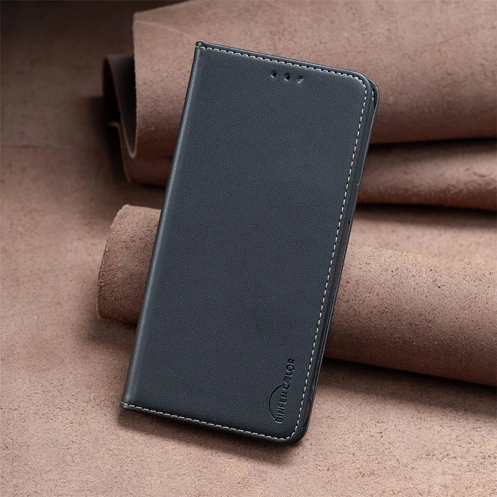 BINFEN COLOR BF18 Phone Leather Case for Samsung Galaxy A41 (Global Version) Card Holder Stand Cover - Black - 7