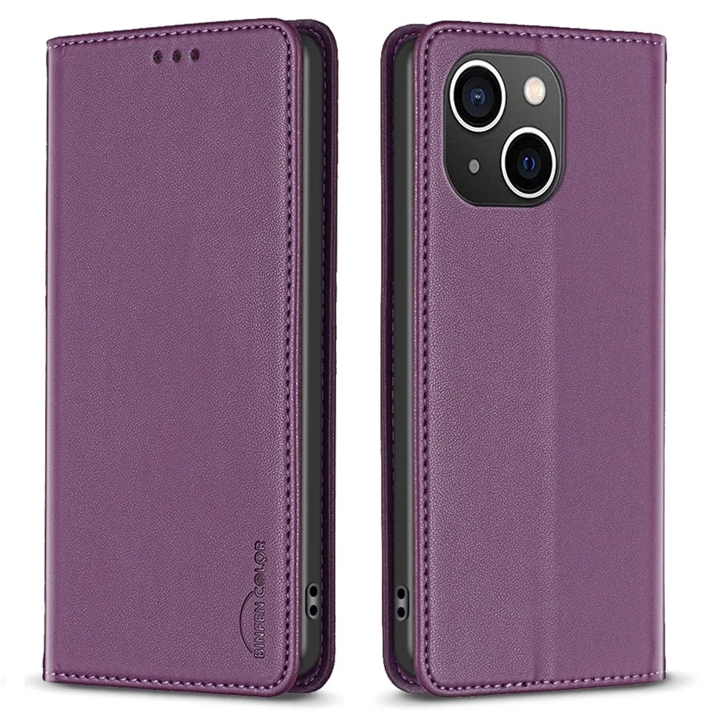 BINFEN COLOR BF18 Card Holder Phone Cover for iPhone 13 / 14 PU Leather + TPU Stand Phone Case - Dark Purple - 1