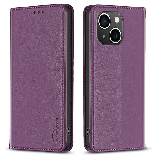 BINFEN COLOR BF18 Card Holder Phone Cover for iPhone 13 / 14 PU Leather + TPU Stand Phone Case - Dark Purple - 1