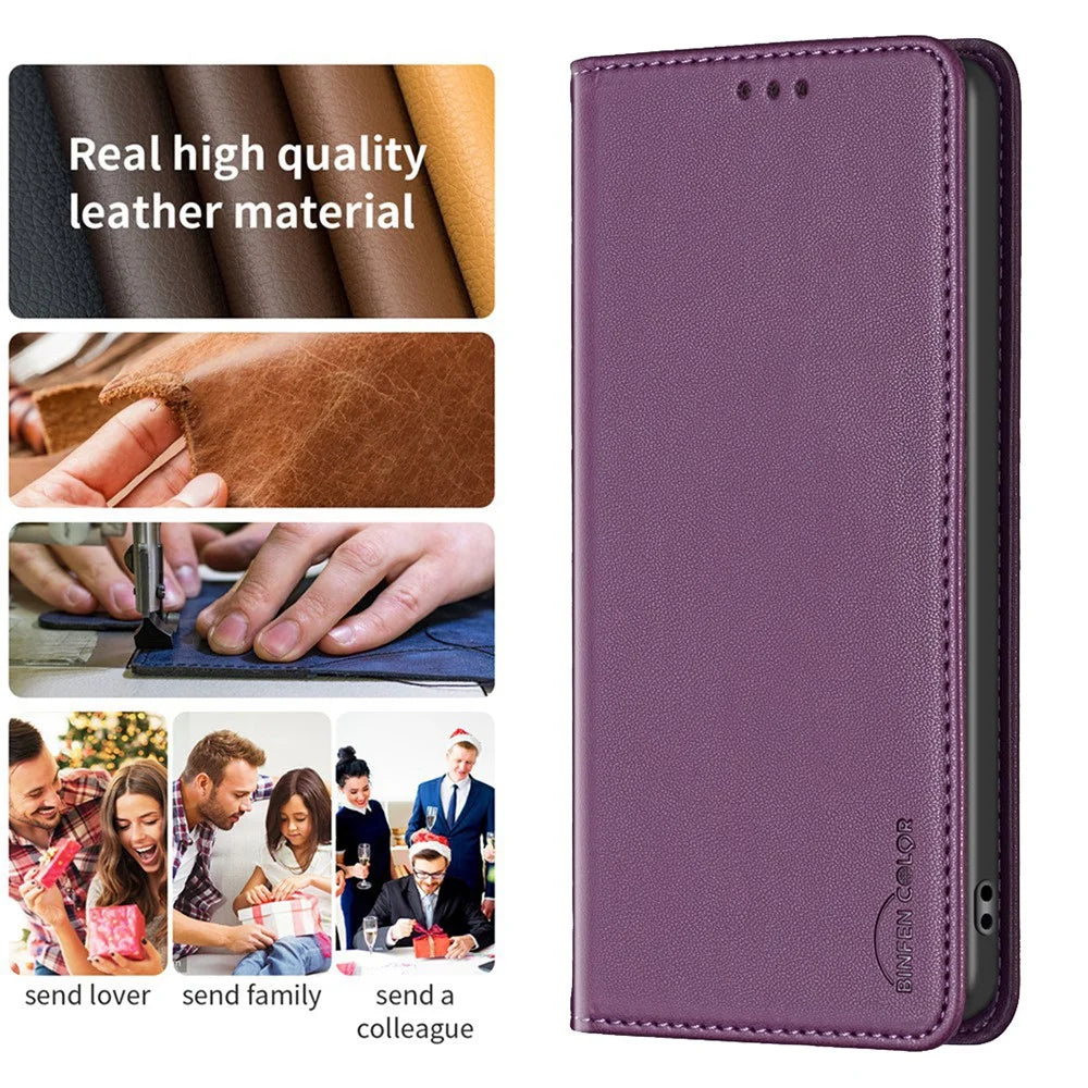 BINFEN COLOR BF18 Card Holder Phone Cover for iPhone 13 / 14 PU Leather + TPU Stand Phone Case - Dark Purple - 5