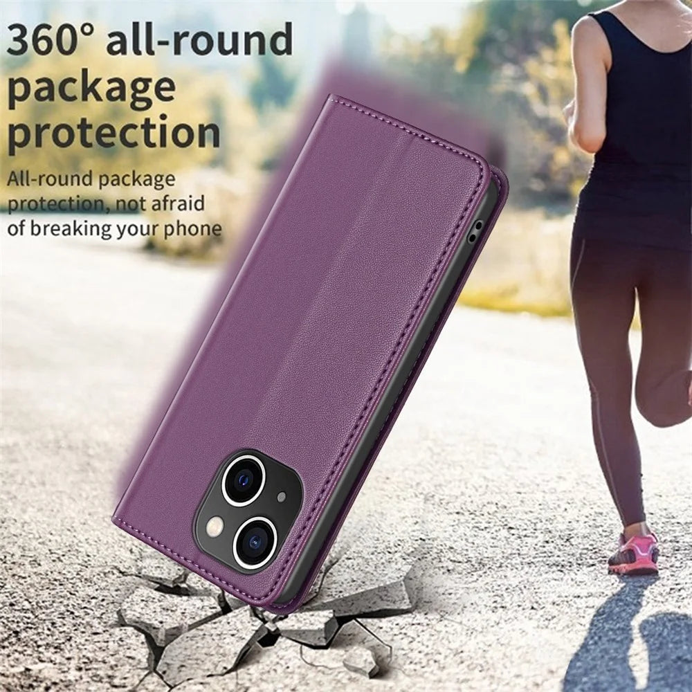 BINFEN COLOR BF18 Card Holder Phone Cover for iPhone 13 / 14 PU Leather + TPU Stand Phone Case - Dark Purple - 6