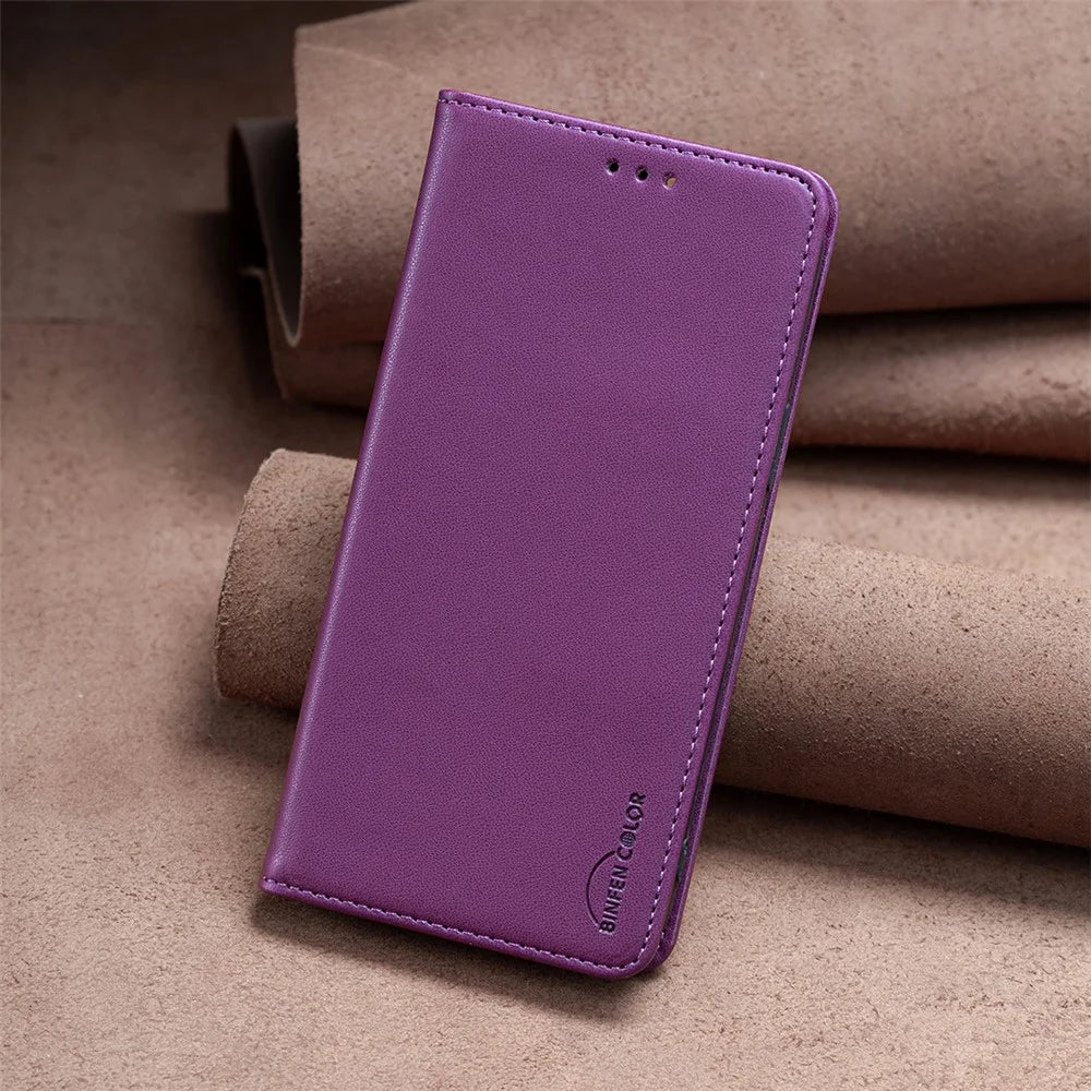 BINFEN COLOR BF18 Card Holder Phone Cover for iPhone 13 / 14 PU Leather + TPU Stand Phone Case - Dark Purple - 7