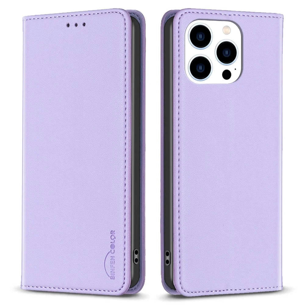 BINFEN COLOR BF18 for iPhone 14 Pro PU Leather Case Card Holder Cell Phone Stand Cover - Purple - 1
