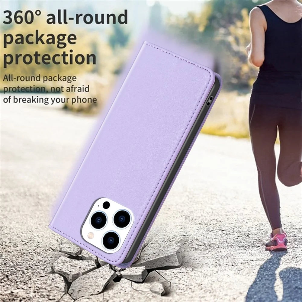 BINFEN COLOR BF18 for iPhone 14 Pro PU Leather Case Card Holder Cell Phone Stand Cover - Purple - 6