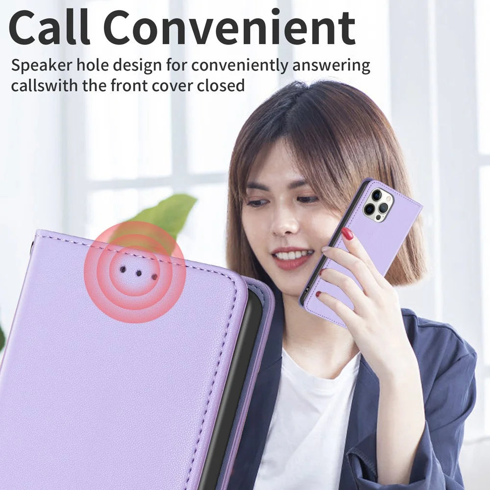 BINFEN COLOR BF18 for iPhone 14 Pro PU Leather Case Card Holder Cell Phone Stand Cover - Purple - 7