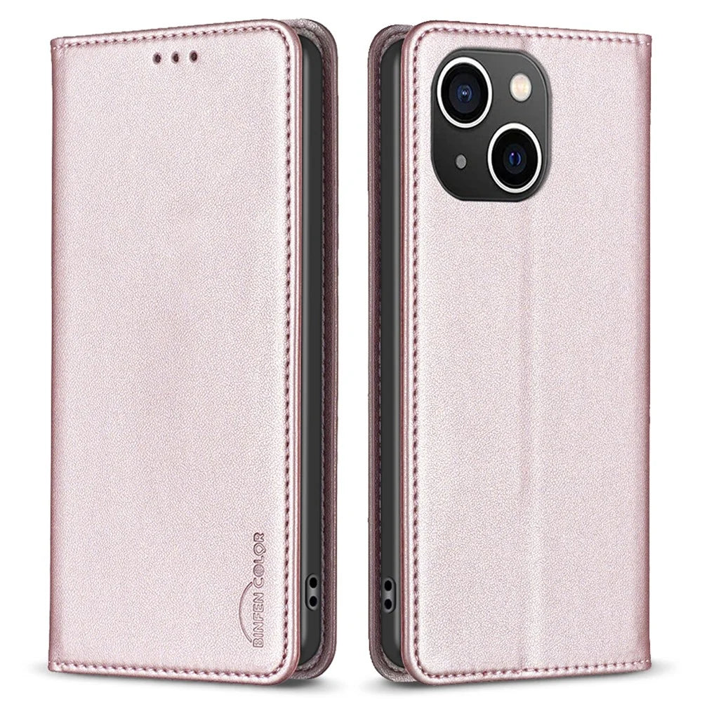 BINFEN COLOR BF18 Phone Stand Cover for iPhone 14 Plus PU Leather Card Holder Protective Phone Case - Rose Gold - 1