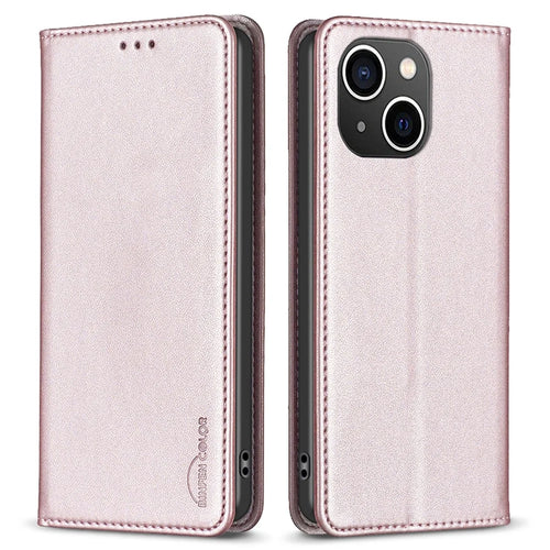 BINFEN COLOR BF18 Phone Stand Cover for iPhone 14 Plus PU Leather Card Holder Protective Phone Case - Rose Gold - 1