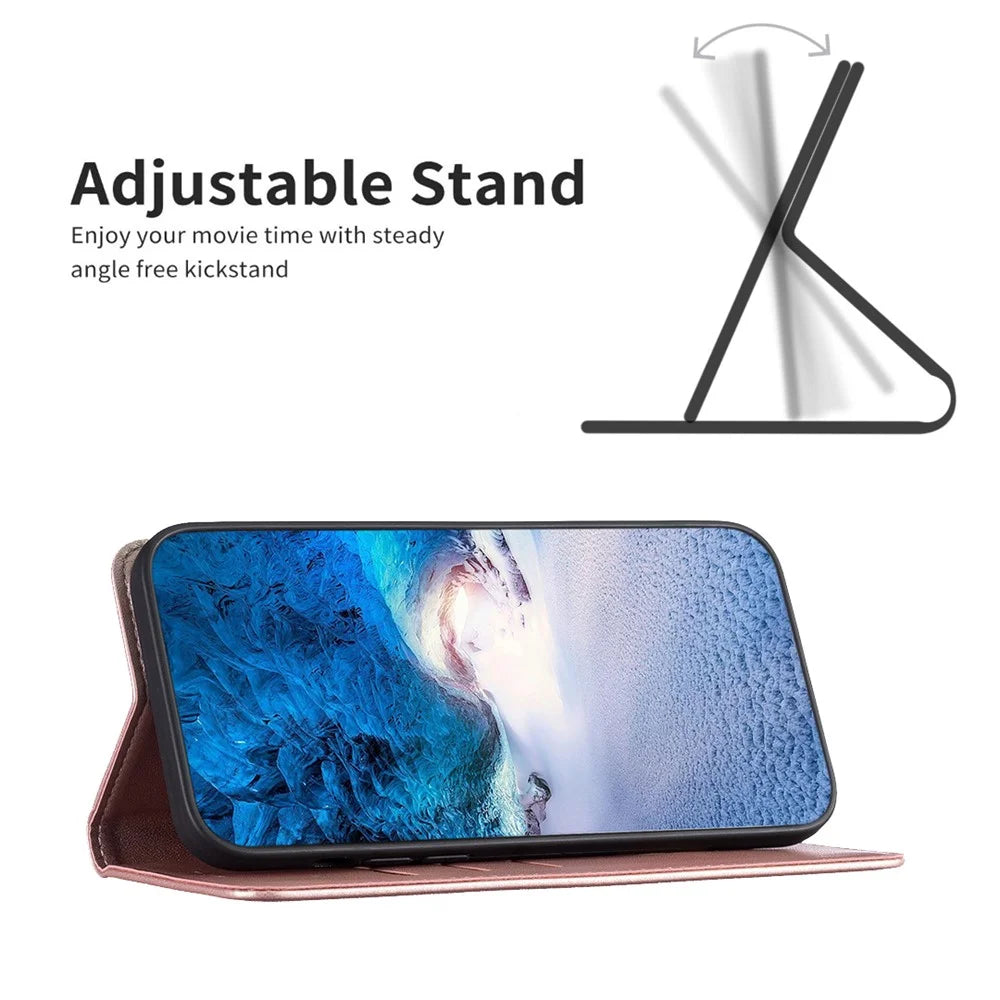 BINFEN COLOR BF18 Phone Stand Cover for iPhone 14 Plus PU Leather Card Holder Protective Phone Case - Rose Gold - 3