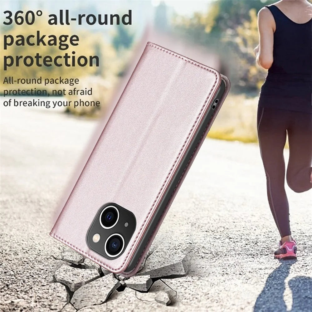 BINFEN COLOR BF18 Phone Stand Cover for iPhone 14 Plus PU Leather Card Holder Protective Phone Case - Rose Gold - 6
