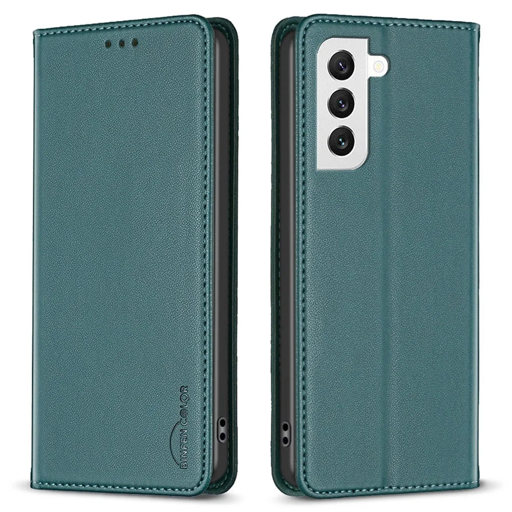 BINFEN COLOR BF18 Phone Case for Samsung Galaxy S21 FE 5G Card Holder PU Leather Stand Cover - Green - 1