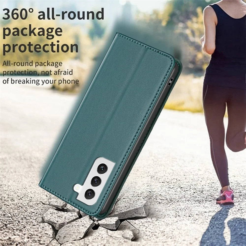 BINFEN COLOR BF18 Phone Case for Samsung Galaxy S21 FE 5G Card Holder PU Leather Stand Cover - Green - 6
