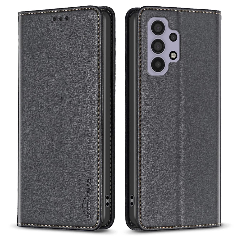 BINFEN COLOR BF18 Stand Case for Samsung Galaxy A32 5G / M32 5G Leather Phone Cover with Card Slots - Black - 1
