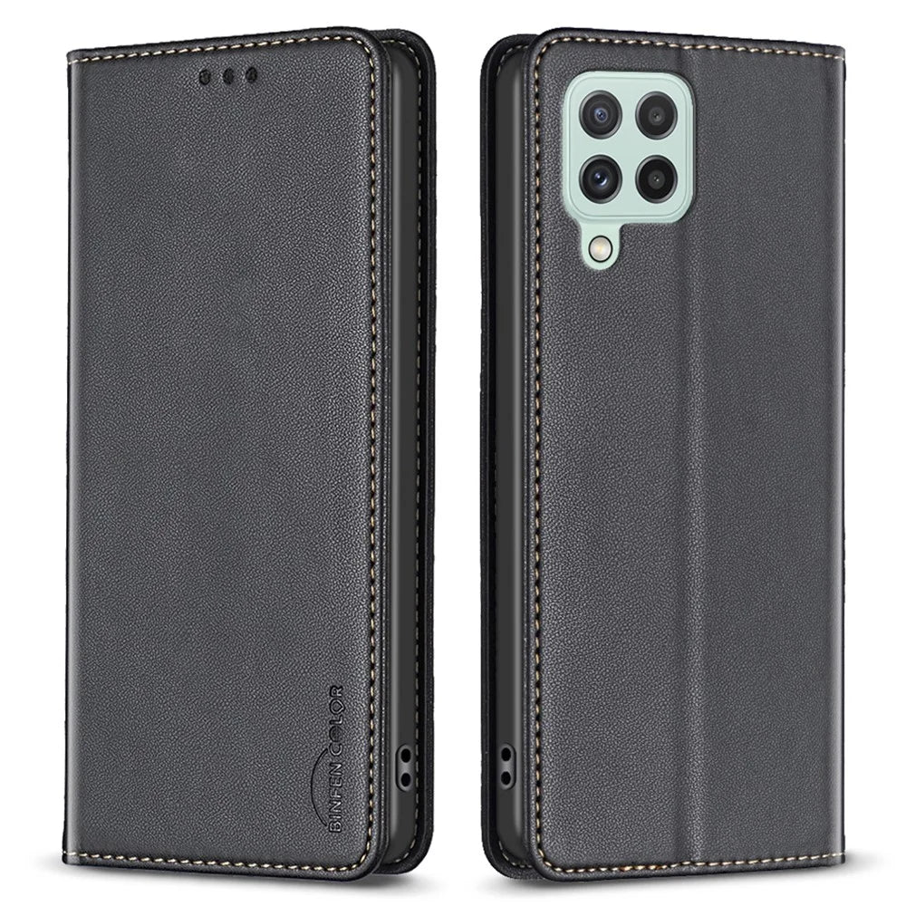 BINFEN COLOR BF18 Leather Case for Samsung Galaxy A12 Card Holder Full Protection Phone Stand Cover - Black - 1