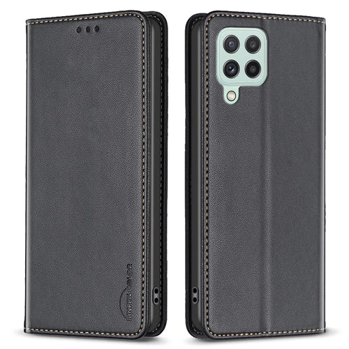 BINFEN COLOR BF18 Leather Case for Samsung Galaxy A12 Card Holder Full Protection Phone Stand Cover - Black - 1