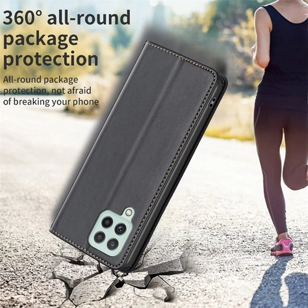 BINFEN COLOR BF18 Leather Case for Samsung Galaxy A12 Card Holder Full Protection Phone Stand Cover - Black - 6