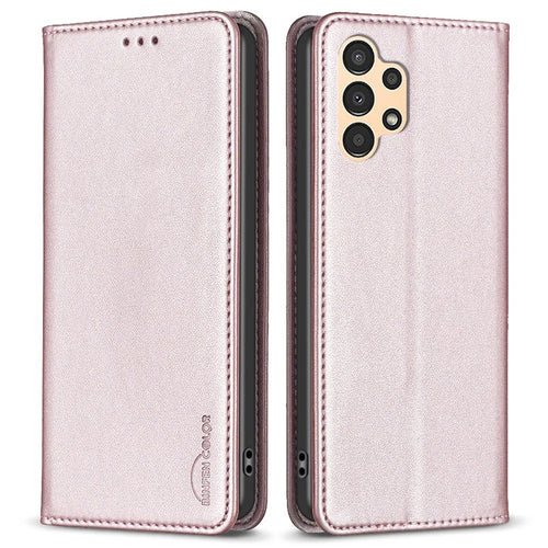 BINFEN COLOR BF18 PU Leather Case for Samsung Galaxy A13 4G / 5G , Card Slot Stand Magnetic Flip Phone Cover - Rose Gold - 1