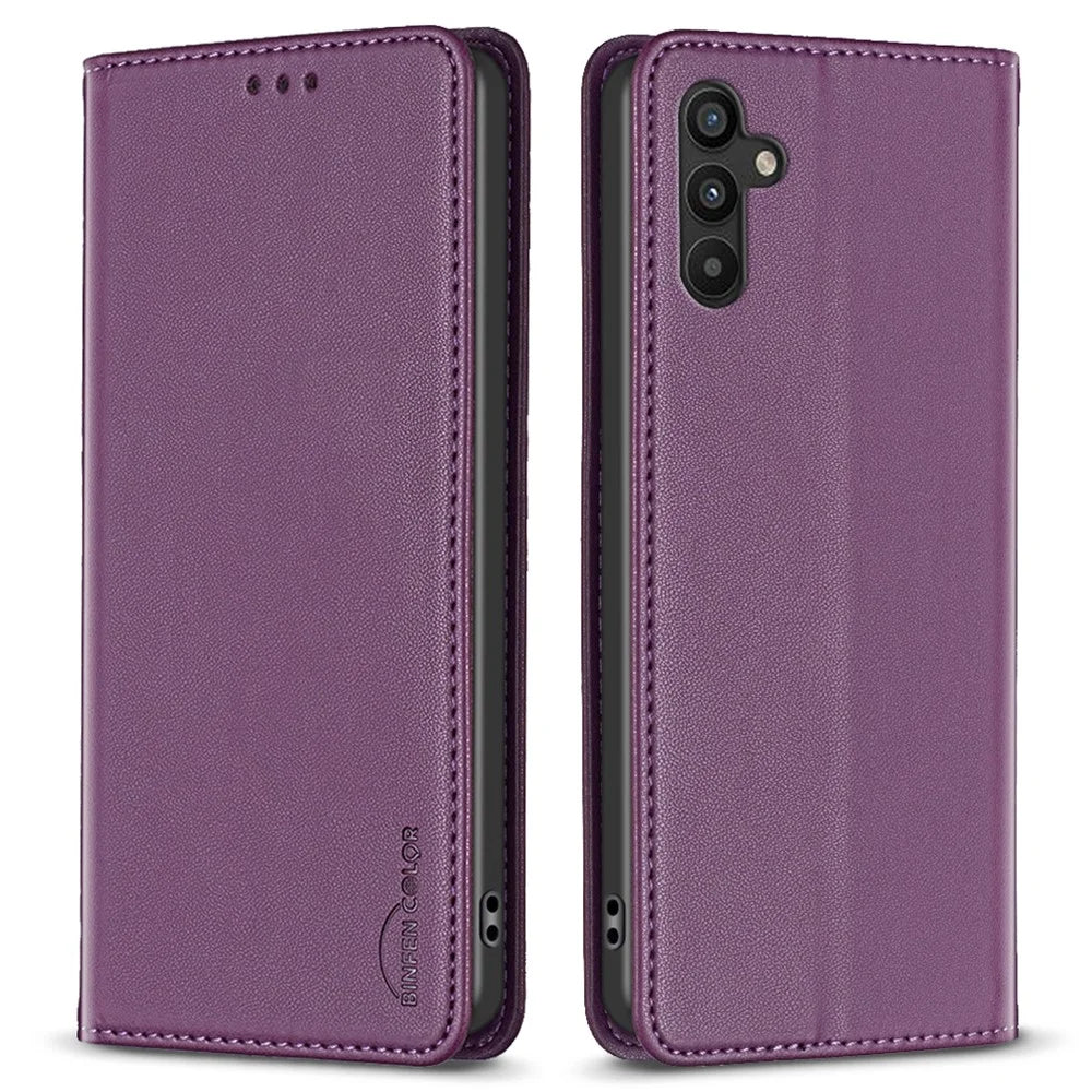 BINFEN COLOR BF18 For Samsung Galaxy A34 5G PU Leather Folio Cover Flip Stand Card Slot Phone Case - Dark Purple - 1