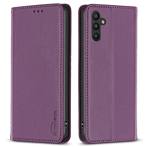 BINFEN COLOR BF18 For Samsung Galaxy A34 5G PU Leather Folio Cover Flip Stand Card Slot Phone Case - Dark Purple - 1