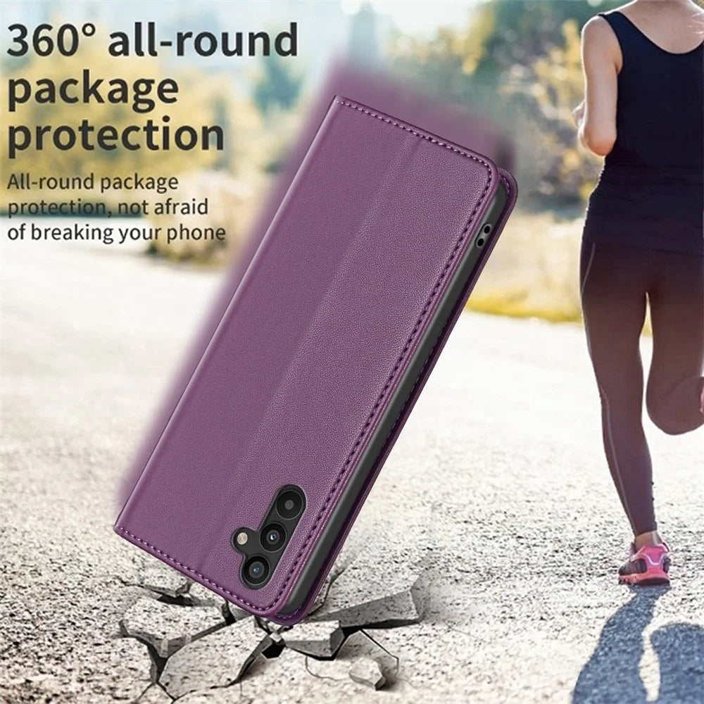 BINFEN COLOR BF18 For Samsung Galaxy A34 5G PU Leather Folio Cover Flip Stand Card Slot Phone Case - Dark Purple - 6