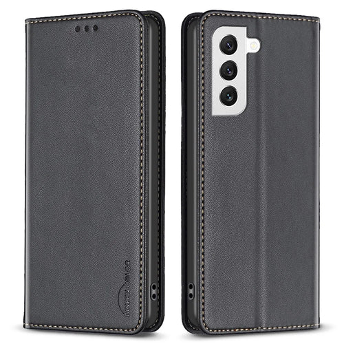 BINFEN COLOR BF18 For Samsung Galaxy S22 5G PU Leather Card Slot Cover Shockproof Stand  Phone Case - Black - 1
