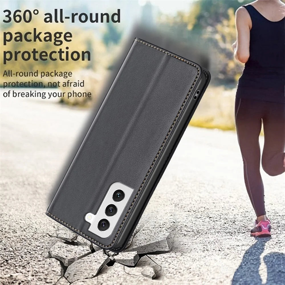 BINFEN COLOR BF18 For Samsung Galaxy S22 5G PU Leather Card Slot Cover Shockproof Stand  Phone Case - Black - 6