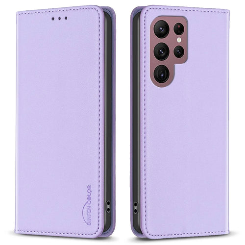 BINFEN COLOR BF18 For Samsung Galaxy S22 Ultra 5G PU Leather Phone Cover Card Holder Stand Hidden Magnetic Adsorption Case - Purple - 1