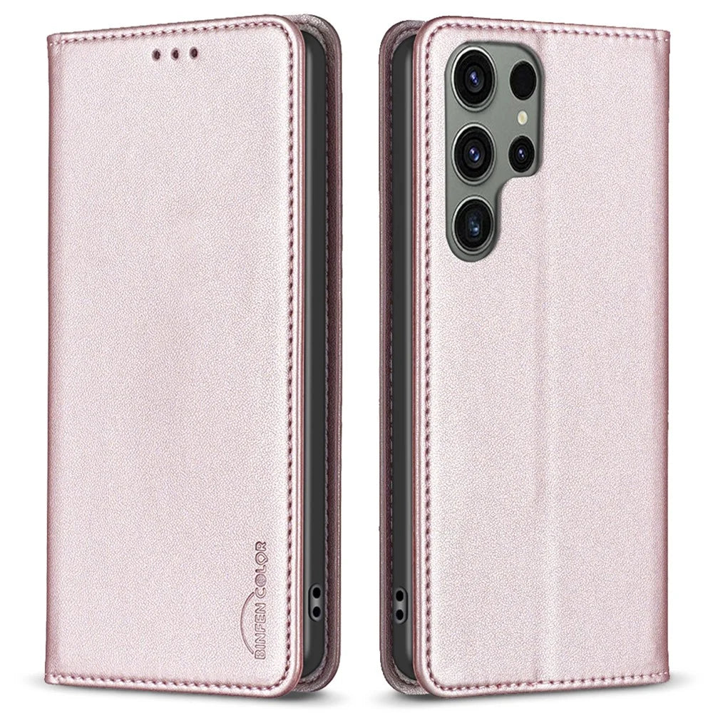 BINFEN COLOR BF18 For Samsung Galaxy S23 Ultra Magnetic Flip Leather Case Card Holder Stand Phone Cover - Rose Gold - 1
