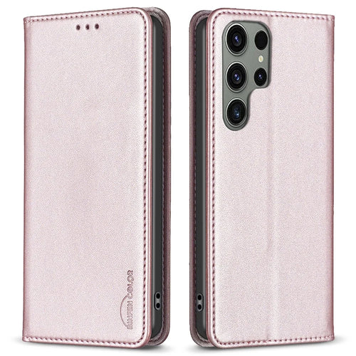 BINFEN COLOR BF18 For Samsung Galaxy S23 Ultra Magnetic Flip Leather Case Card Holder Stand Phone Cover - Rose Gold - 1