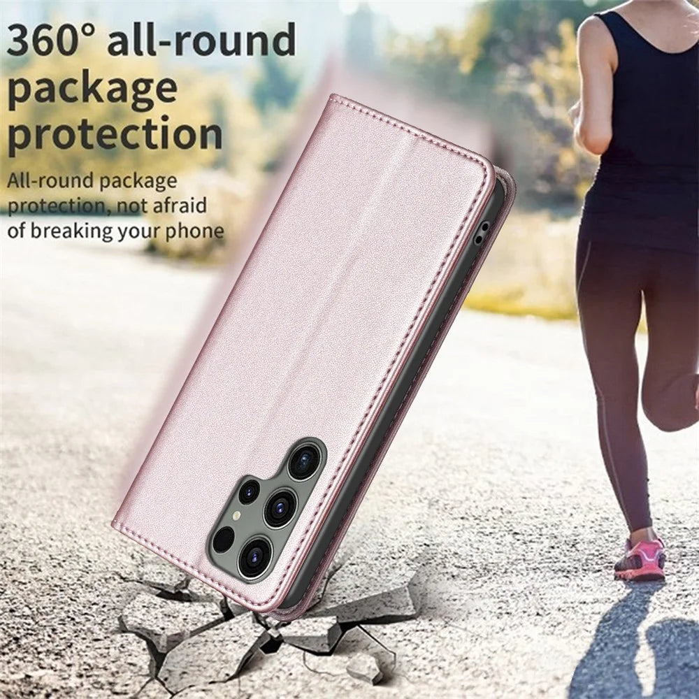BINFEN COLOR BF18 For Samsung Galaxy S23 Ultra Magnetic Flip Leather Case Card Holder Stand Phone Cover - Rose Gold - 6