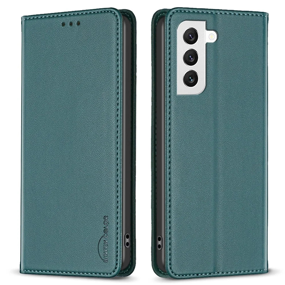 BINFEN COLOR BF18 For Samsung Galaxy S22+ 5G Flip Leather Case Card Slots Stand Protective Phone Cover - Green - 1