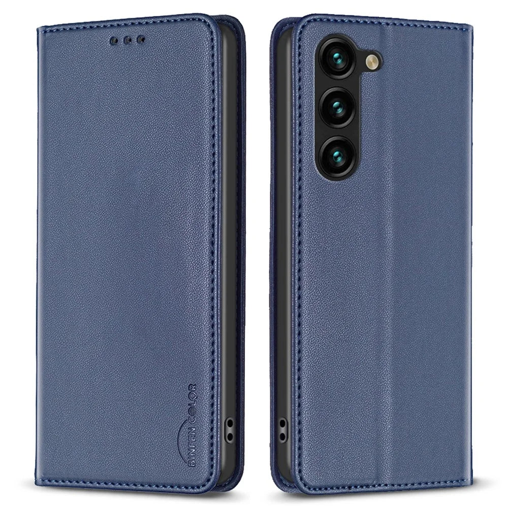 BINFEN COLOR BF18 For Samsung Galaxy S23 PU Leather Phone Case Card Slots Stand Folio Flip Cover - Blue - 1