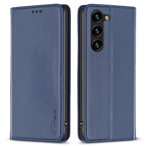 BINFEN COLOR BF18 For Samsung Galaxy S23 PU Leather Phone Case Card Slots Stand Folio Flip Cover - Blue - 1