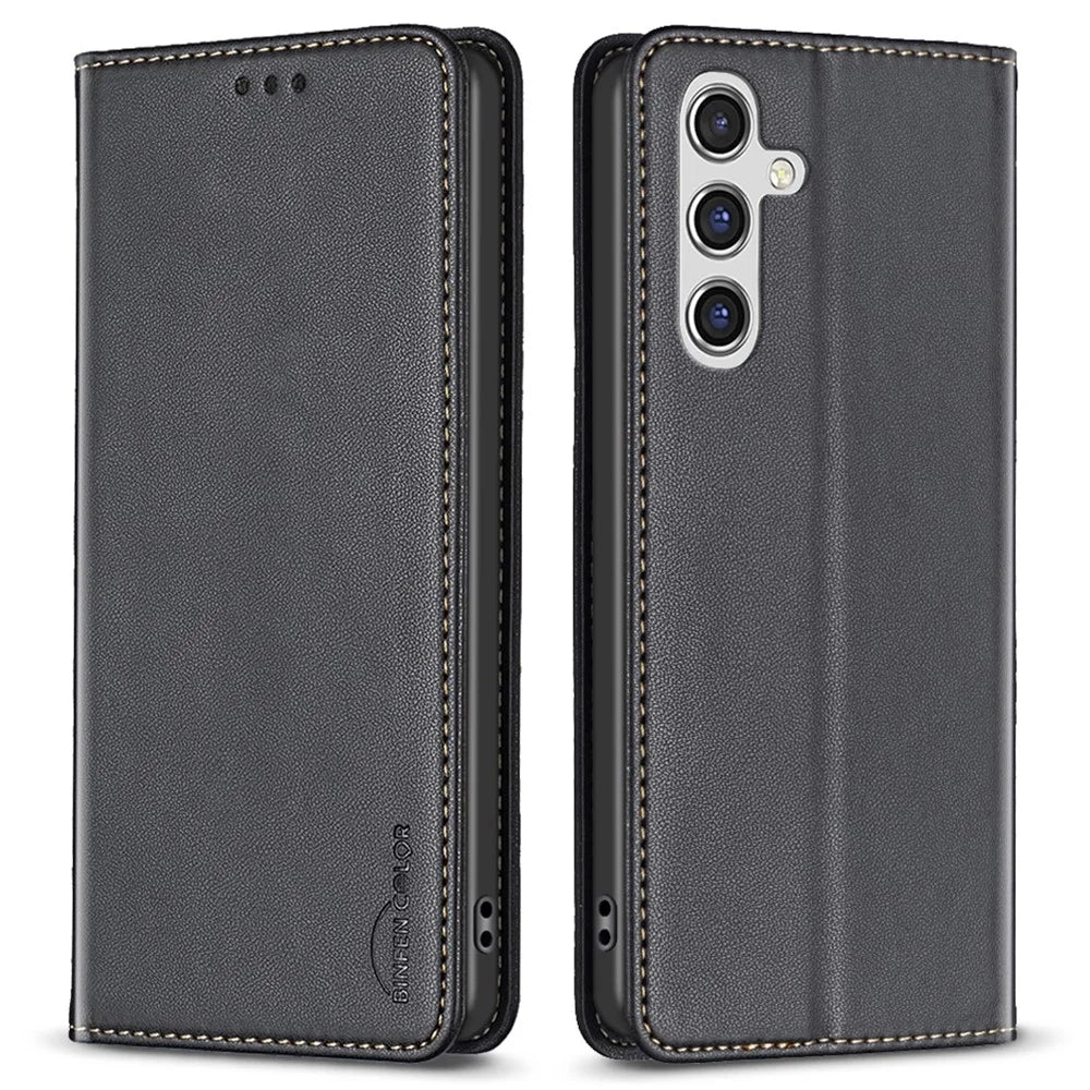 BINFEN COLOR BF18 For Samsung Galaxy A14 4G / 5G PU Leather Flip Cover Card Holder Stand Phone Case - Black - 1